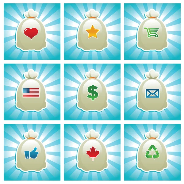 Bolsas de correo con varios iconos — Vector de stock