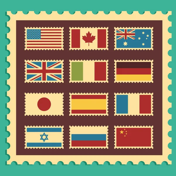 Vintage Stamps Representing World Flags — Stock Vector