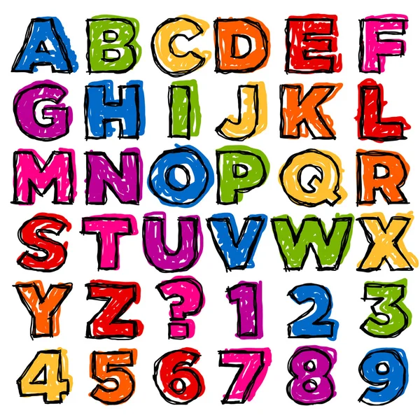 Renkli doodle alfabe ve numaralar — Stok Vektör
