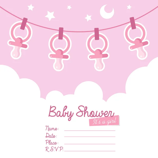 Różowy baby shower zaproszenia z smoczki — Wektor stockowy