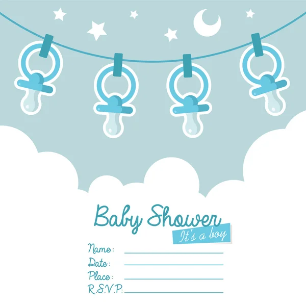 Invitación a la ducha del bebé azul con chupetes — Vector de stock