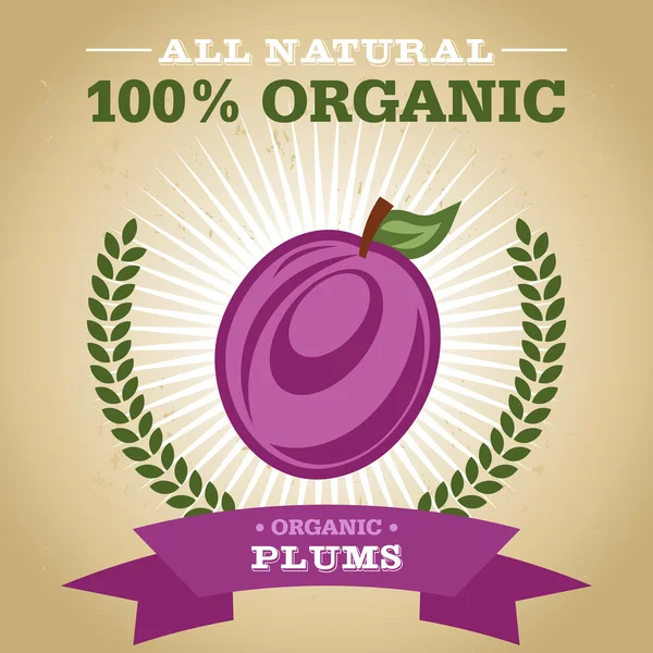 Design de Cartaz de Fruta Orgânica com Ícone de Ameixa — Vetor de Stock