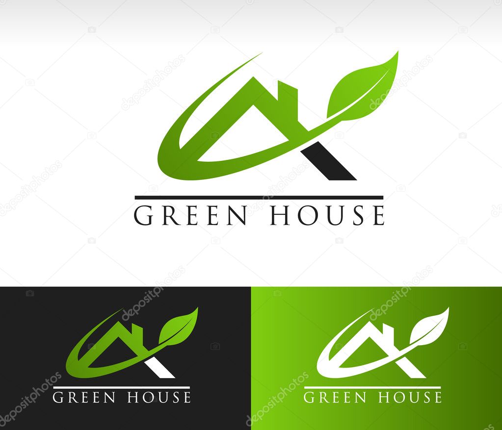 Green roof house icon with leaf and swoosh graphic element