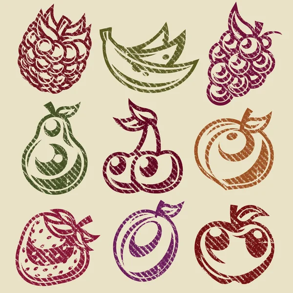 Grunge fruit en BES stamps pictogrammen — Stockvector