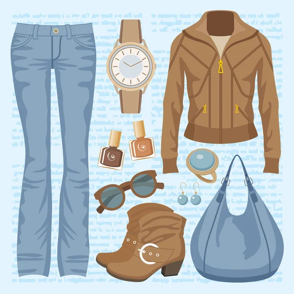 Conjunto de moda com jeans e uma jaqueta — Vetor de Stock