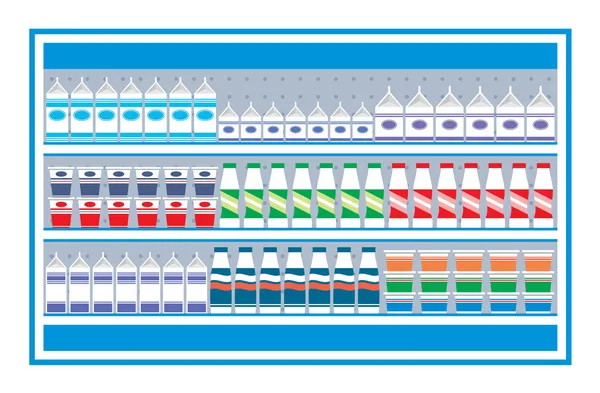 Supermarket shelves with dairy products — Stock Vector