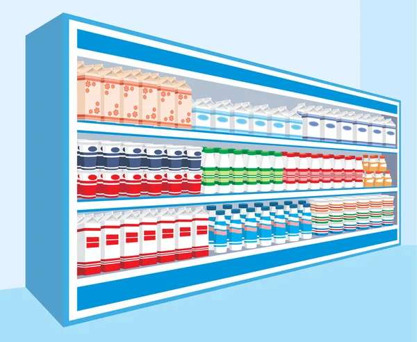 Supermarket shelves with dairy products — Stock Vector