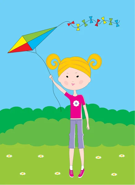 凧と少女を漫画します。 — ストックベクタ