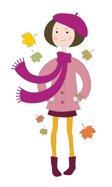 Hand drawn little girl in a coat with a scarf — Stock Vector