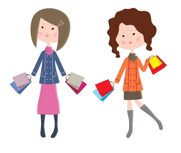 Duas mulheres dos desenhos animados com pacotes —  Vetores de Stock