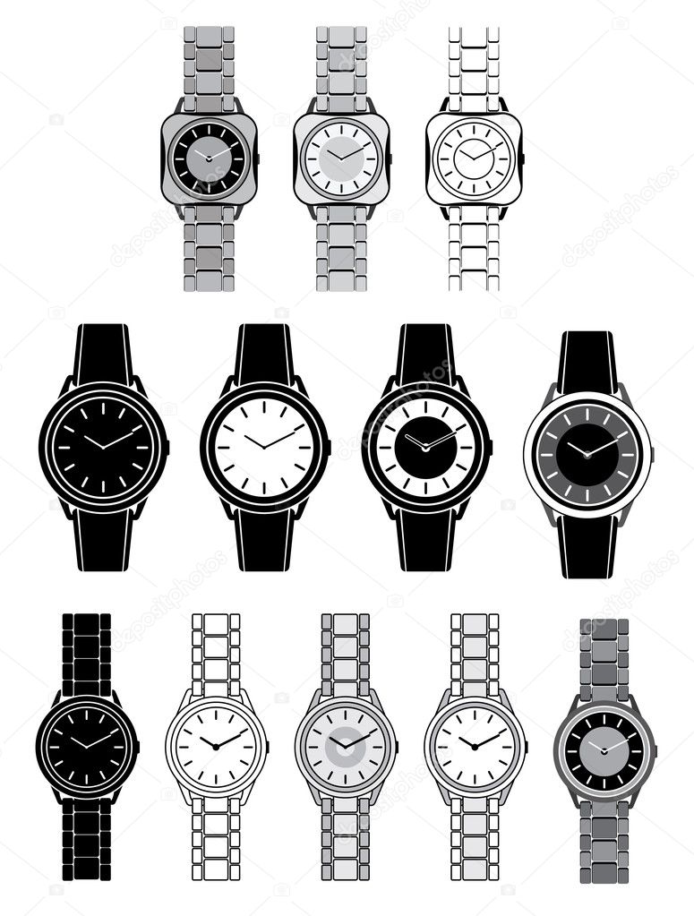 Set of black icons with the image of a female watch