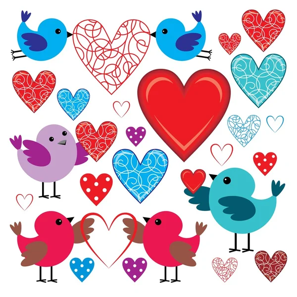 Set of birdies and hearts — Stock Vector