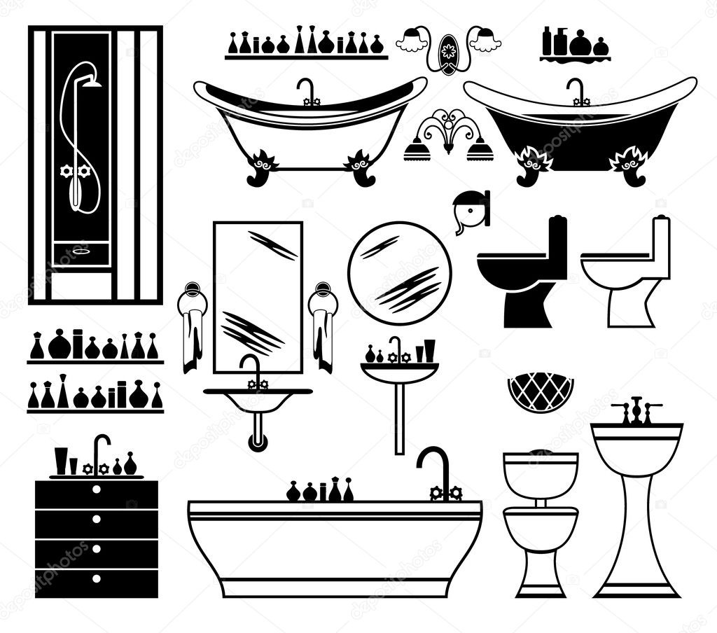 Set of black icons of bathroom