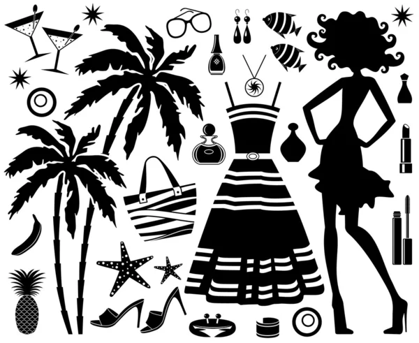 Fashionable set of tropical rest with silhouette of woman — Stock Vector