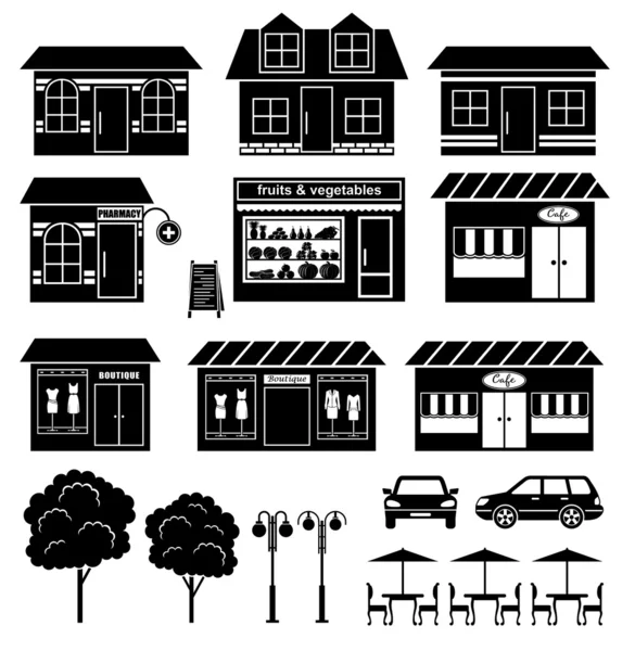 Conjunto de iconos de casas y tiendas — Vector de stock