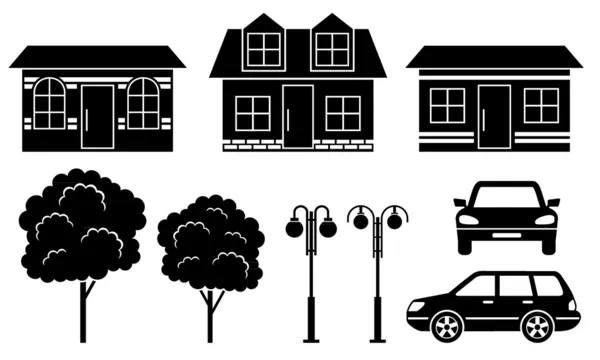 Iconos negros de casas, árboles y máquinas — Vector de stock