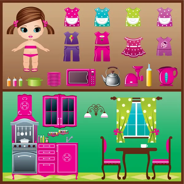 Paper doll with clothes set. — Stock Vector