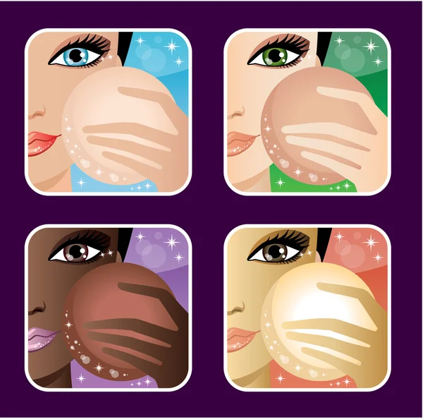 Conjunto de maquillaje de mujeres jóvenes europeas, asiáticas, africanas . — Vector de stock