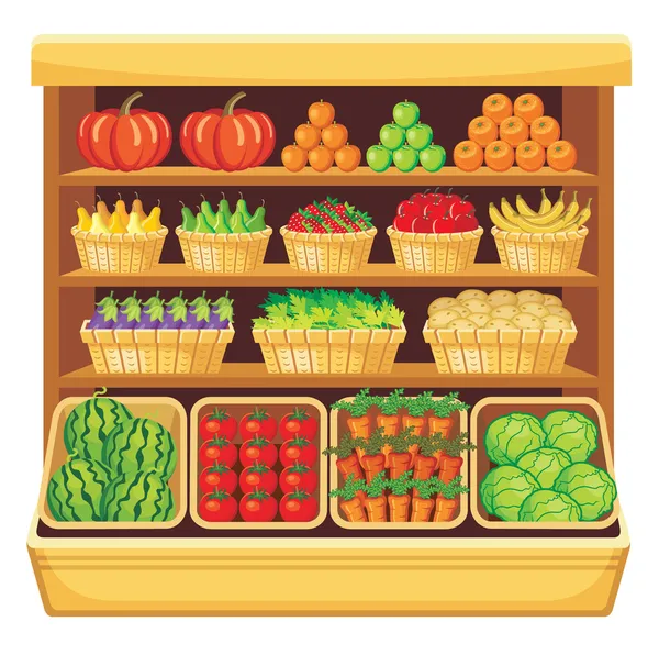 Supermercado. Hortalizas y frutas . — Vector de stock