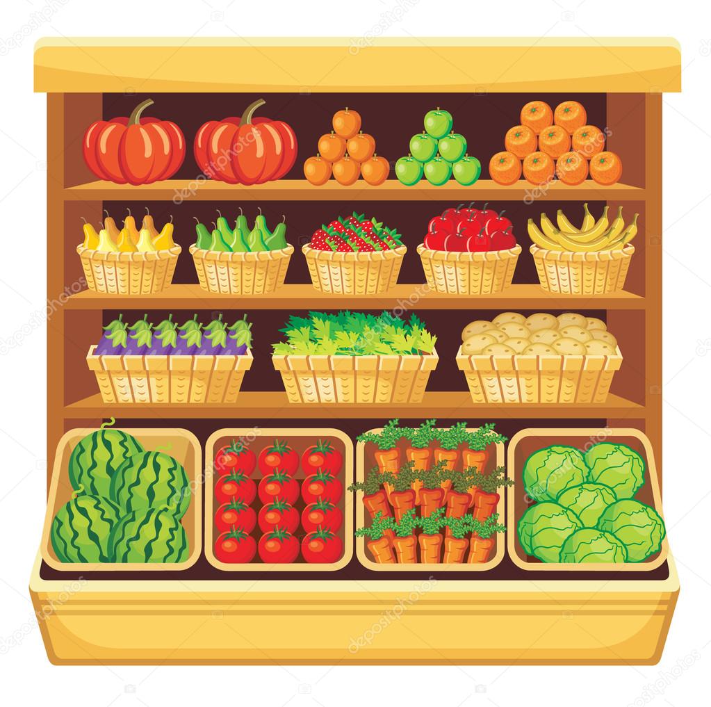 Supermarket. Vegetables and fruits.