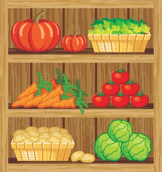 Supermarket. Shelfs and vegetables — Stock Vector