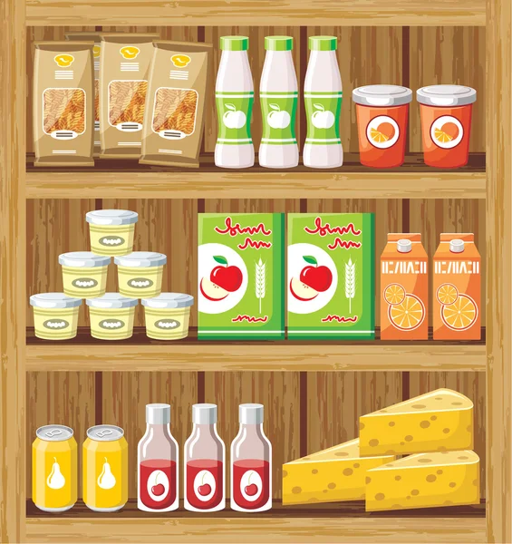 Supermercado. Estantes con comida — Vector de stock