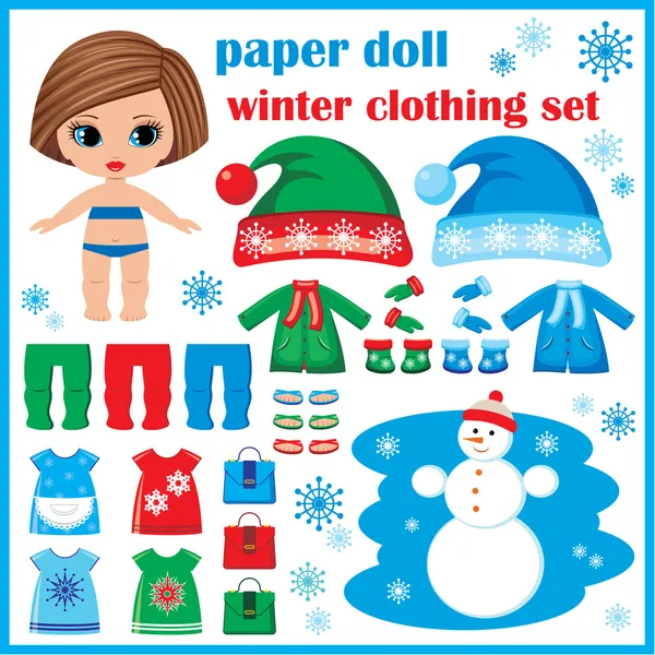 Paper doll with winter clothes set. — Stock Vector