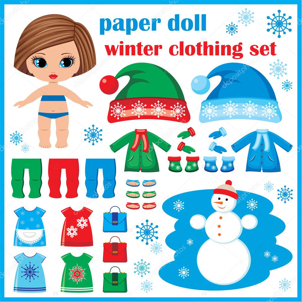 Paper doll with winter clothes set.