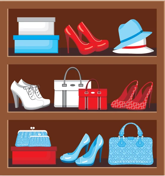 Estante con bolsos y zapatos . — Vector de stock