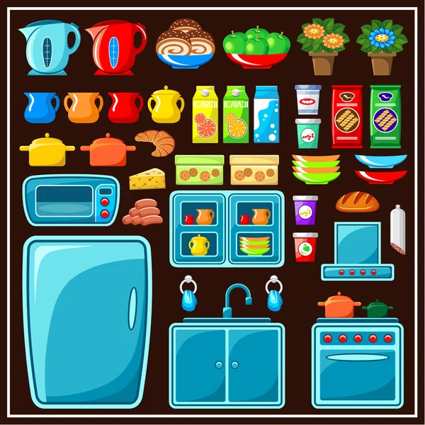 Set keukenmeubilair. Keuken artikelen. — Stockvector