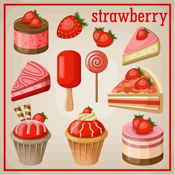 Set of sweets with strawberry. vector illustration — Stock Vector