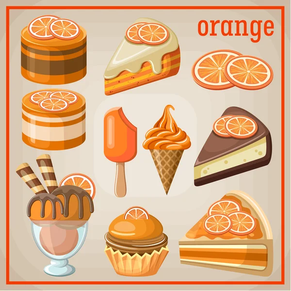 Conjunto de doces com laranja. ilustração vetorial — Vetor de Stock