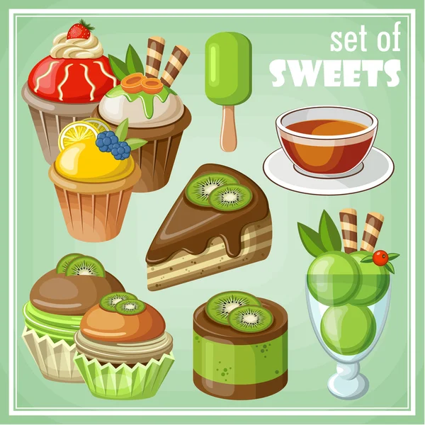 Un set di dolci. Illustrazione vettoriale — Vettoriale Stock