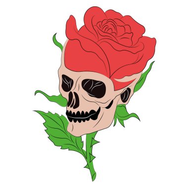 Düz bir şekilde gül şeklinde bir kafatası. Tasarım dövme, logo, dekor, tekstil, tablolar, kartpostallar, tişört baskısı, pankart, sembol, işaret için uygundur. İzole vektör