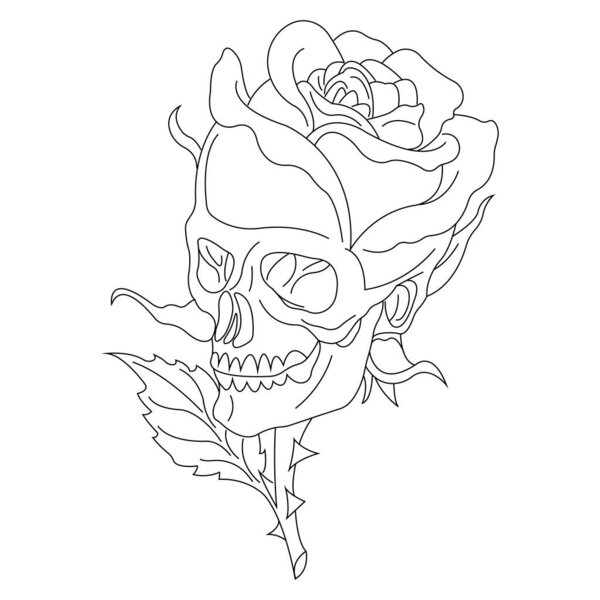 Череп в форме розы в стиле минимализма. Дизайн подходит для тату, логотипа, украшения, текстиля, картин, открыток, печати на футболках, баннерах, символах, вывесках. Изолированный вектор
