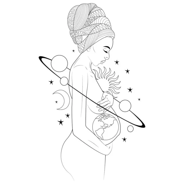 Контур Беременной Женщины Окружении Планет Солнца Луны Символ Красоты Плодородия — стоковый вектор