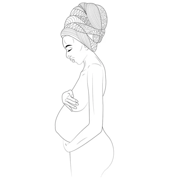 彼女の頭の上にターバンで目を閉じて妊娠中の女性の輪郭 美しさと豊かさの象徴 アイコン タトゥー プリント バナー 服のプリントのための現代美術 分離ベクトル — ストックベクタ