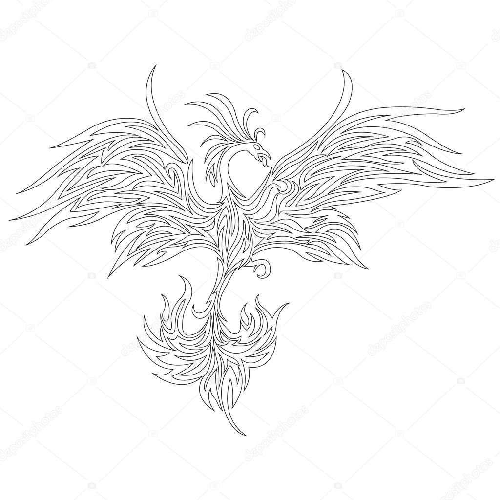 Phoenix bird in flight outline. Design for bird tattoo, decor, firebird logo, coloring book, clothing design emblem, sticker, album, paper, sticker, banner, print on a t-shirt. Vector isolated