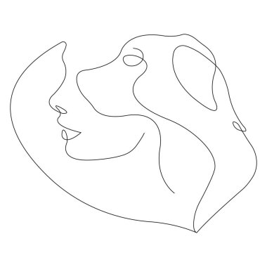 Kız ve köpek sağlam bir çizgiyle çiziliyorlar. Logo, rozet, etiket, anahtarlık, tişört baskısı, web tasarımı. İzole vektör çizimleri