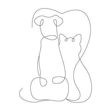 Köpek ve kedi sağlam bir çizgiyle çekiliyorlar. Logo, rozet, etiket, anahtarlık, dövme, tişört baskısı, web tasarımı. İzole vektör çizimleri