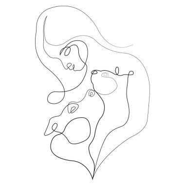 Kedi ve köpeğe sarılan bir kızın katı çizgili silueti. Hayvanlarla aşk ve arkadaşlık kavramı, dekor, maskot, hatıra, amblem, dövme, giysilerde baskı. İzole vektör çizimleri