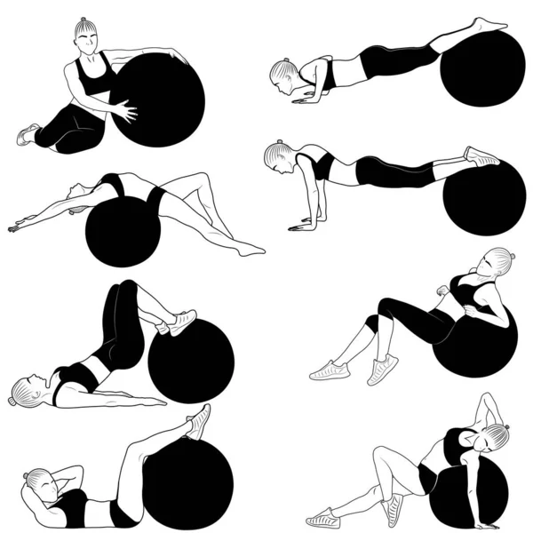 Set Silhouette Girls Doing Fitness Ball Design Suitable Exercise Instructions — Stock Vector