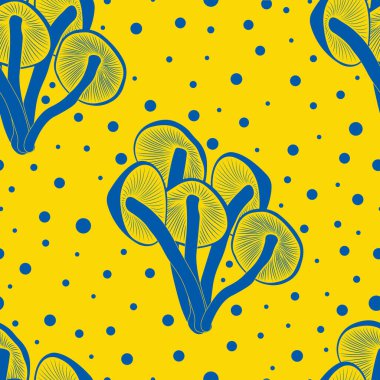 Sarı arka planda mavi mantarlı kusursuz desen. Duvar kağıtlarının, tekstil ürünlerinin, havluların, yatak örtülerinin, tişörtlerin ve çeşitli kıyafetlerin, ürün paketlerinin tasarımı.