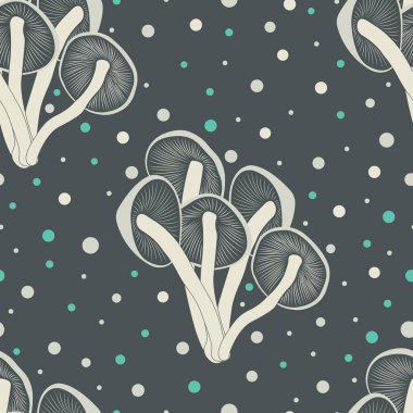 Gri bir arka planda mantarlı ve daireli kusursuz desen. Duvar kağıtları, tekstil ürünleri, havlular, çarşaf, tişört baskısı ve çeşitli kıyafetler, ürün ambalajları. İzole vektör illüstrasyonu