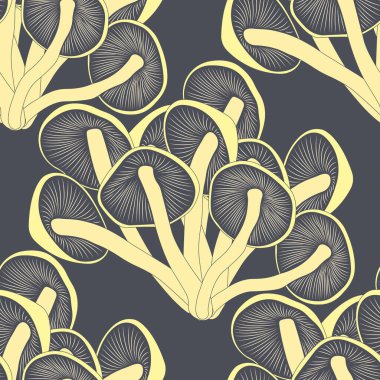 Gri bir arka planda mantarlı kusursuz desen. Tasarım duvar kağıtları, tekstil, havlu, yatak, tişört ve çeşitli giysiler ve ürün ambalajı için uygundur. İzole vektör illüstrasyonu