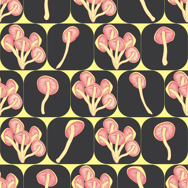 Kare üzerinde mantar olan kusursuz bir desen. Duvar kağıtları, tekstil ürünleri, havlular, çarşaf, tişört baskısı ve çeşitli kıyafetler, ürün ambalajları. İzole vektör illüstrasyonu