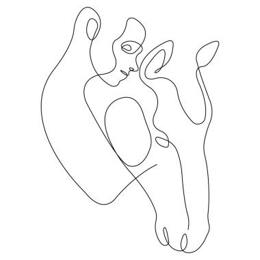 Tek sıra halinde çizilmiş atlı bir kız. Hayvanları koruma ve sevme kavramı. Logo, dövme, binicilik kulüpleri ve çiftlikler için tasarım, dekor, dekorasyon, baskı, pankart, sembol. İzole vektör