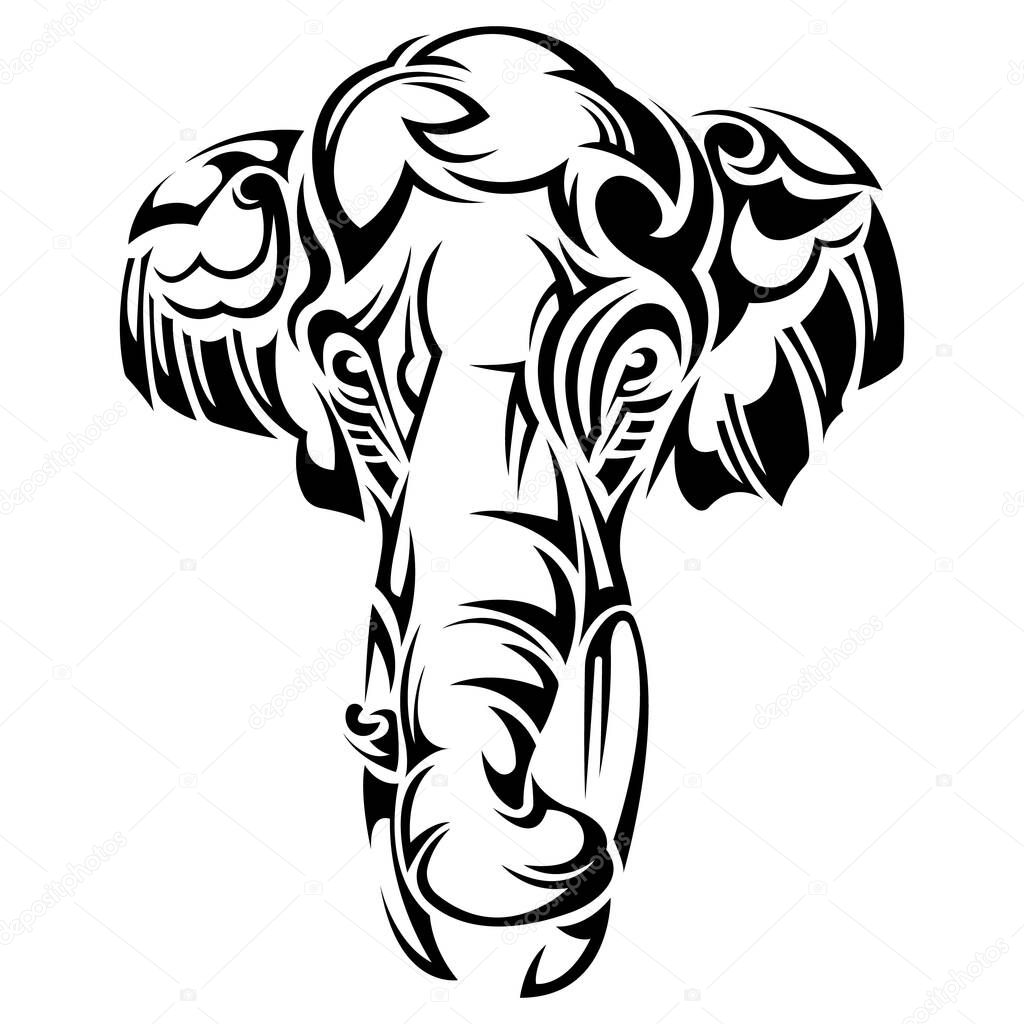 The silhouette of the muzzle of an elephant is painted black with different lines on a white background. Elephant muzzle logo, tattoo. Vector isolated illustration