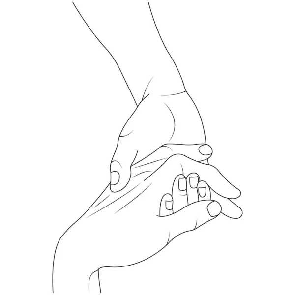 El hareketi el ele tutuşur. Minimalist tarzda. Yardım eli, destek ve güven kavramı. Beyaz arka planda siyah doğrusal siluet. Vektör izole illüstrasyonu