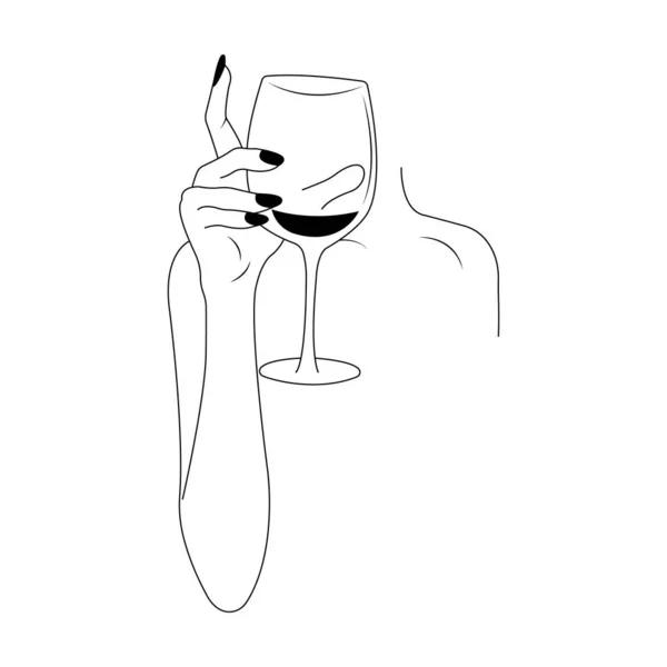 Silhouet Van Een Meisje Met Een Glas Wijn Minimalistische Stijl — Stockvector